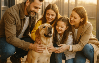 Emotionales Bild einer glücklichen Familie bei der ersten Begegnung mit ihrem neuen Hund aus dem Tierheim, symbolisch für verantwortungsvolle Entscheidungen und den Beginn einer besonderen Freundschaft